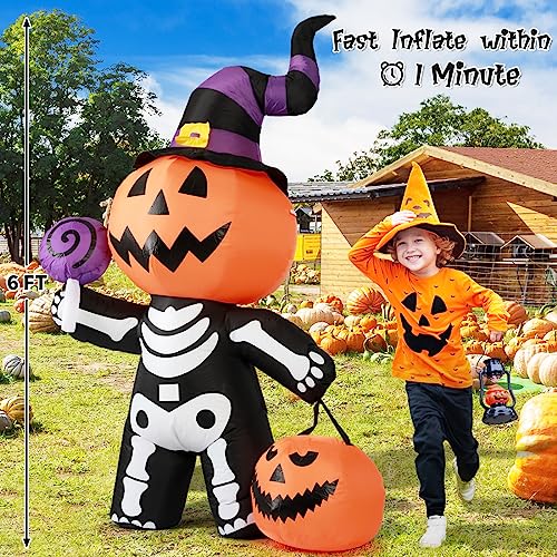 GOOSH 6 FT Height Halloween Inflatable Outdoor Pumpkin with Skull Body, Blow Up Yard Decoration Clearance with LED Lights Built-in for Holiday/Party/Yard/Garden