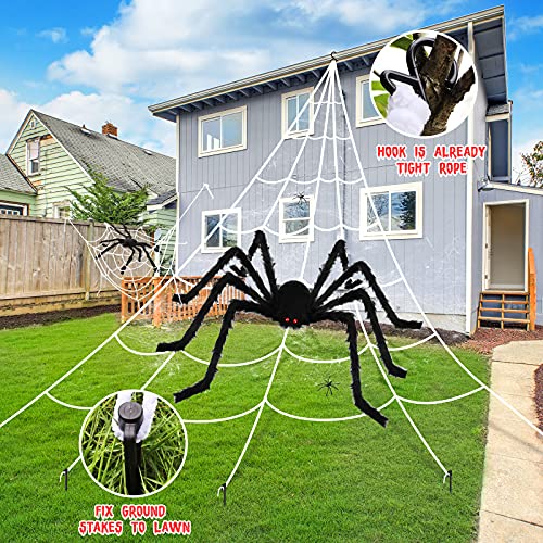 Halloween Decorations, 2Pcs 50'' Giant Spider + 200'' Triangular Spider Web and 100'' Round Spider Web, with Hook, Stretch Web and Ground Pile for Indoor Outdoor Halloween Decor Haunted House Props