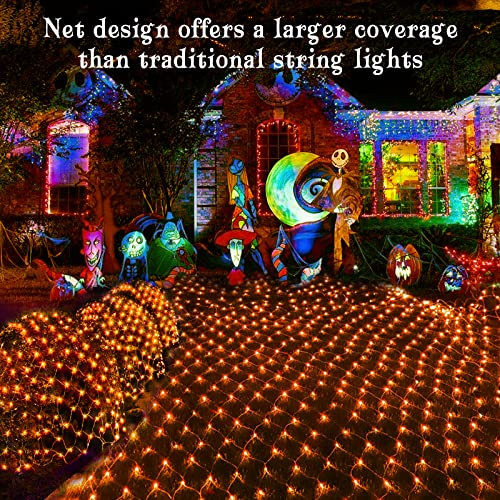 Halloween Net Lights, 200 LED 8.2ft x 4.9ft Orange Halloween Bush Lights with 8 Modes, Timer, Connectable, Waterproof and Durable Green Wire Design for Trees, Bushes, Halloween Decorations Outdoor