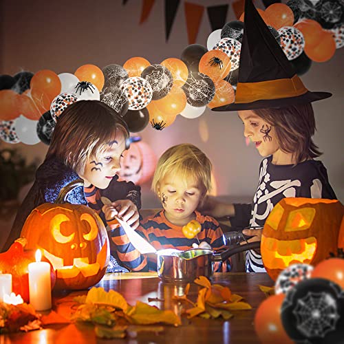 Halloween Decorations Balloon Arch Kit 124 Pcs, Orange Black White Confetti Balloons With Spider Web, Outdoor Indoor Halloween Party Decorations