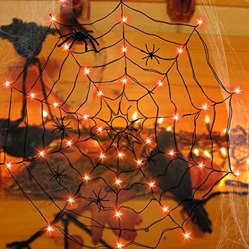 Anycosy Halloween Spider Web Lights, 80 LED Waterproof with 5 Black Spider, Halloween Lights 8 Modes, for Indoor/Outdoor Halloween Decor (4.3 FT, Orange)