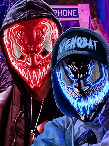 Venobat Halloween Mask - 2 Pack Led Light Up Masks Scary Neon Glow Mask Cool Halloween Costume for Adults Kids Men Women