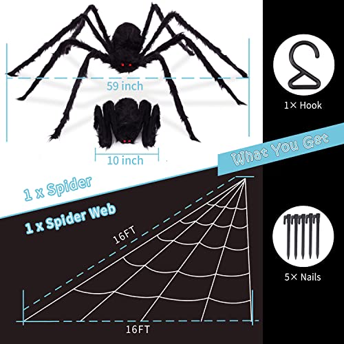 MY LIFFRI Halloween 200” Spider Web & 59” Giant Spider Decoration Huge Outdoor Spider Web with Scary Hairy Spider for Yard Porch Lawn House Party Décor