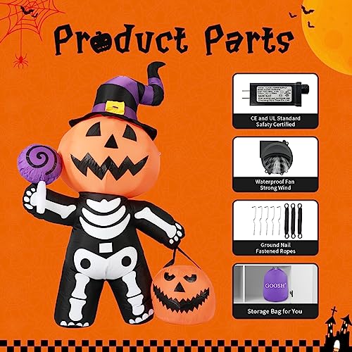 GOOSH 6 FT Height Halloween Inflatable Outdoor Pumpkin with Skull Body, Blow Up Yard Decoration Clearance with LED Lights Built-in for Holiday/Party/Yard/Garden