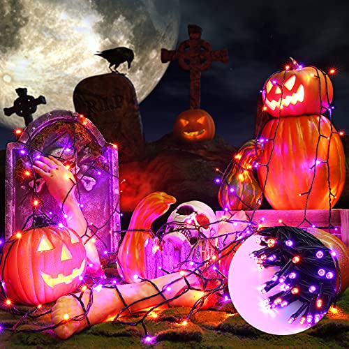 Orange and Purple Halloween Lights, 114ft 300 LED Halloween String Lights with 8 Modes, Waterproof Plug in Orange Purple Fairy Lights for Halloween Party, Garden, Indoor Outdoor Halloween Decor