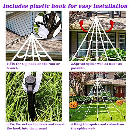 MACTING Halloween Decorations Outdoor,200" Lighted Huge Triangular Spider Web with 79" Giant Spider and Stretch Cobweb 40 Small Fake Spiders for Indoor Outdoor Yard Party Haunted Mansion Scary Decor