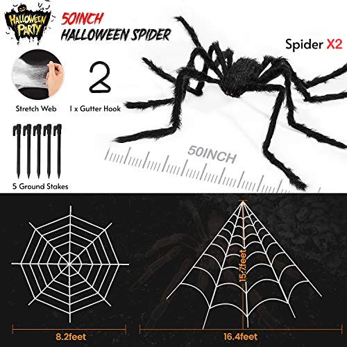 Halloween Decorations, 2Pcs 50'' Giant Spider + 200'' Triangular Spider Web and 100'' Round Spider Web, with Hook, Stretch Web and Ground Pile for Indoor Outdoor Halloween Decor Haunted House Props