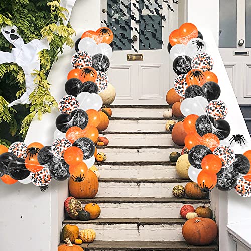Halloween Decorations Balloon Arch Kit 124 Pcs, Orange Black White Confetti Balloons With Spider Web, Outdoor Indoor Halloween Party Decorations