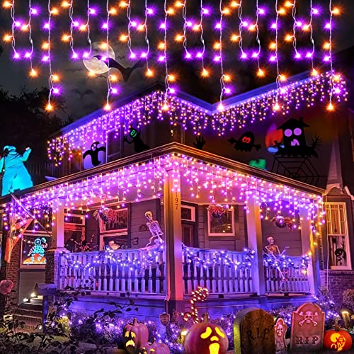 Hezbjiti Halloween Lights Decorations Outdoor Orange & Purple 400 LED 32.8 FT 8 Modes 75 Drops Fairy String Curtain Lights for Halloween Decor Eaves Window Party Yard Garden Indoor