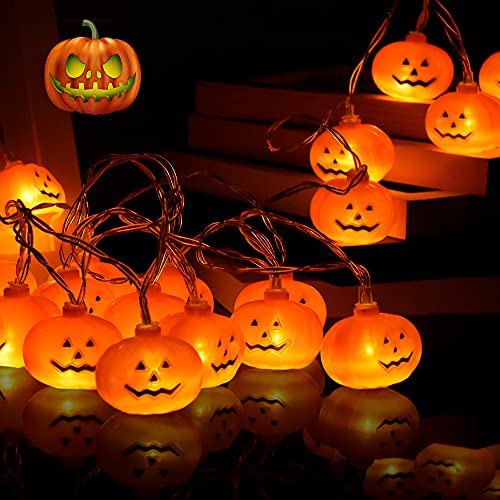 Halloween Lights,20FT 40 LEDs Halloween String Lights,LED Pumpkin Lights, Holiday Lights for Outdoor Decor,Battery Operated 8 Mode Waterproof Pumpkin String Lights for Halloween Party Decorations