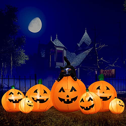 HBlife 8 FT Halloween Inflatables Outdoor Decorations Pumpkin, Animated Witch's Cat Blow Up Pumpkin with Build-in LEDs, Inflatable Decoration for Front Yard, Porch, Lawn or Halloween Party