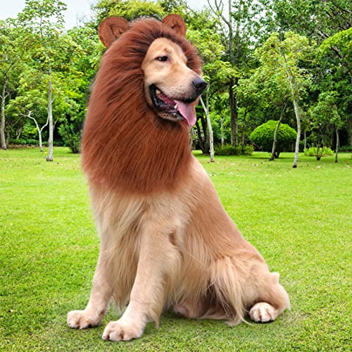 CPPSLEE Lion Mane for Dog Costumes, Dog Lion Mane, Realistic Lion Wig for Medium to Large Sized Dogs, Large Dog Halloween Costumes, lion mane for dog， Halloween Costumes for Dogs (Dark Brown)