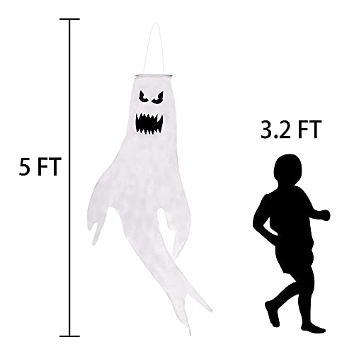 NEROSUN 2 Pieces Hanging Halloween Ghost Windsocks Decorations, 43 Inch Lighted Flag Wind Socks with 40 LED Lights for Outdoor Patio Garden Yard Tree Home Party Supplies Decor, Gifts for Kids