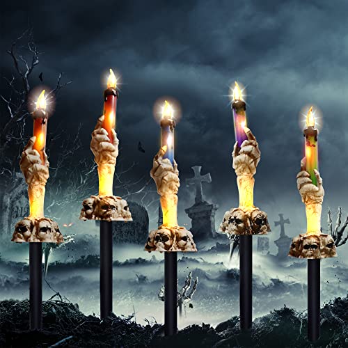 Halloween Decorations, HOUNE Lighted Skeleton Hands Hold Candle With Stakes, 15 LED Warm White Lights Waterproof Battery Operated with Timer, Light Up for Halloween Party, Indoor Outdoor Decor(5 Pack)