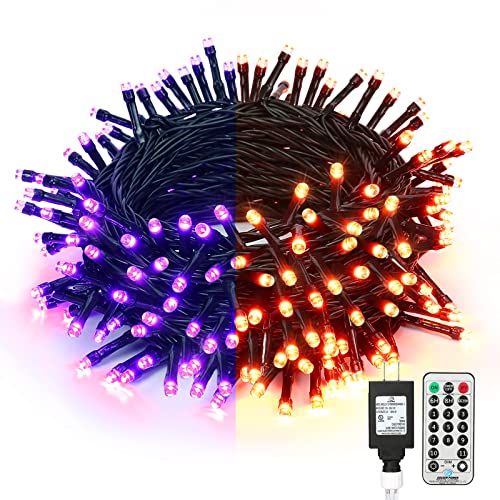 BrizLabs Orange & Purple Halloween Lights, 65.67ft 200 LED Orange Lights Connectable, 11-Function Color Changing Halloween Lights with Remote, Mini Purple Lights for Halloween Indoor Outdoor Decor