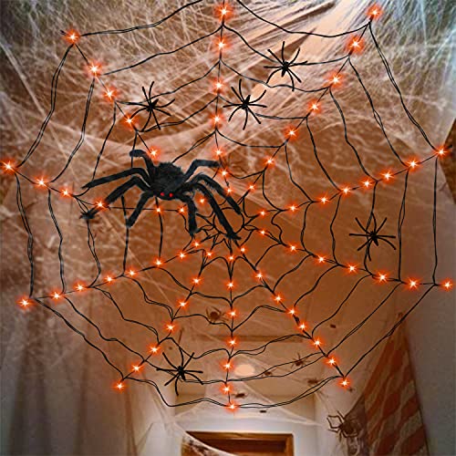 Anycosy Halloween Spider Web Lights, 80 LED Waterproof with 5 Black Spider, Halloween Lights 8 Modes, for Indoor/Outdoor Halloween Decor (4.3 FT, Orange)