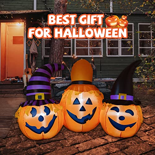GOOSH 6.56ft Halloween Inflatables Outdoor Pumpkin Combo with Wizard hat Blow Up Yard Decoration Clearance with LED Lights Built-in for Holiday Party Yard Garden