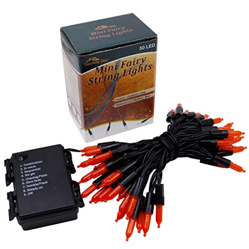 Twinkle Star Outdoor Halloween Lights Battery Operated 50 LED Mini String Light with 8 Modes, 16ft Waterproof Fairy Lights for Garden Patio Wedding Wreath Party Decoration (Orange, 2 Pack)