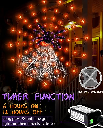 Halloween Spider Web Lights with Black Spider, 3.9FT Diameter 80 LED Orange Halloween Lights with 8 Modes, Waterproof Orange Net Lights for Party, Bedroom, Bar, Haunted House, Halloween Decorations