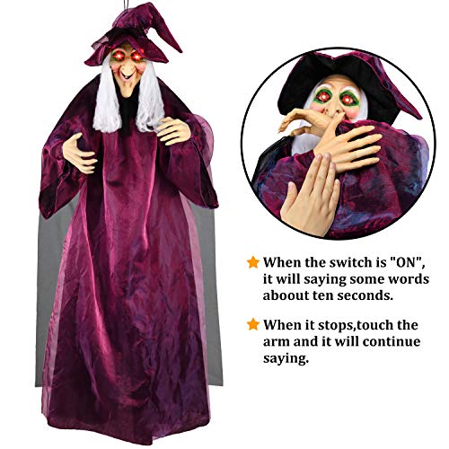 AYOGU1 71" Hanging Talking Witch, Animated Witch Indoor Outdoor Halloween Decoration, Large Life-Size Halloween Decor Prop