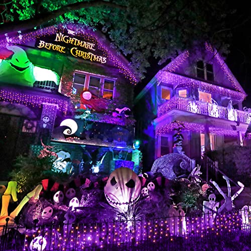 Hezbjiti Halloween Lights Decorations Outdoor Orange & Purple 400 LED 32.8 FT 8 Modes 75 Drops Fairy String Curtain Lights for Halloween Decor Eaves Window Party Yard Garden Indoor