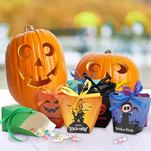 Halloween Candy Bags Treat Bags - 36PCS Paper Halloween Bags Trick or Treat Halloween Sweet Goodie Bags with Ribbons, 9 Patterns Gift Bags Halloween Party Favors for Kids Halloween Decorations