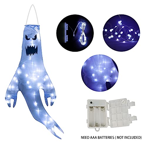 NEROSUN 2 Pieces Hanging Halloween Ghost Windsocks Decorations, 43 Inch Lighted Flag Wind Socks with 40 LED Lights for Outdoor Patio Garden Yard Tree Home Party Supplies Decor, Gifts for Kids