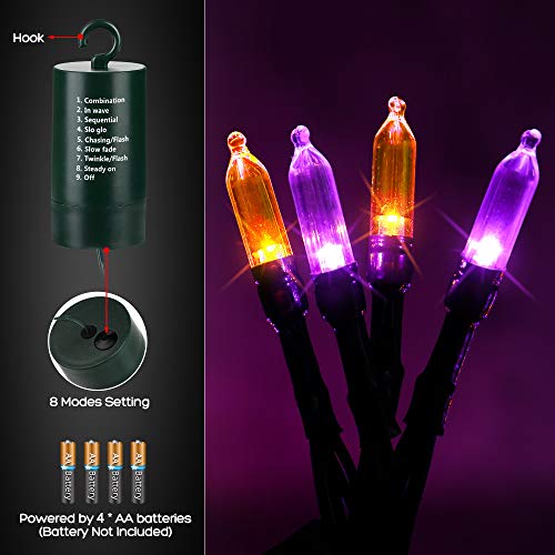 LYHOPE Orange & Purple Halloween Lights, 33ft 100 LED Halloween Decoration Lights Waterproof 8 Modes Battery Operated String Lights for Outdoor & Indoor,Tree, Wreaths, Holiday, Party Decor