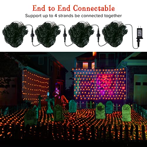 Halloween Net Lights, 200 LED 8.2ft x 4.9ft Orange Halloween Bush Lights with 8 Modes, Timer, Connectable, Waterproof and Durable Green Wire Design for Trees, Bushes, Halloween Decorations Outdoor