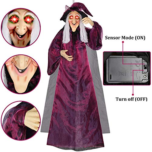 AYOGU1 71" Hanging Talking Witch, Animated Witch Indoor Outdoor Halloween Decoration, Large Life-Size Halloween Decor Prop
