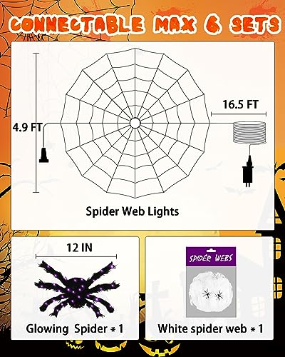 Halloween Spider Web Lights with Black Spider, 3.9FT Diameter 80 LED Orange Halloween Lights with 8 Modes, Waterproof Orange Net Lights for Party, Bedroom, Bar, Haunted House, Halloween Decorations