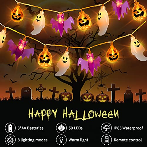 TMXP Halloween String Lights, 16.4ft 50 LEDs Halloween Decoration Lights ,3 in 1 Battery Powered with 8 Lighting Modes for Window Porch Stair Indoor and Outdoor Halloween Decor (3 in 1), White