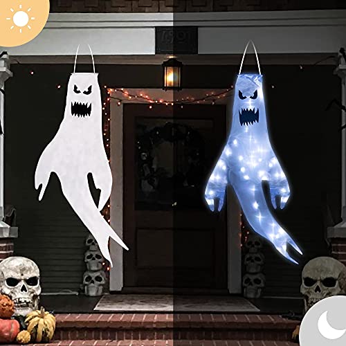 NEROSUN 2 Pieces Hanging Halloween Ghost Windsocks Decorations, 43 Inch Lighted Flag Wind Socks with 40 LED Lights for Outdoor Patio Garden Yard Tree Home Party Supplies Decor, Gifts for Kids