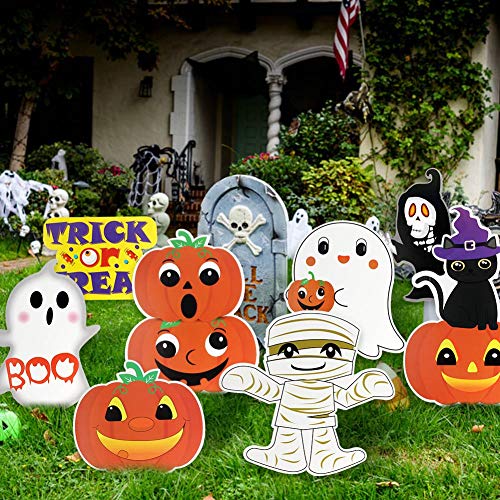 AerWo 8 Pack Halloween Decorations Outdoor Cute Large Corrugate Halloween Yard Stake Signs Waterproof Halloween Props Trick Or Treat Sign for Garden, Lawn, Yard Decorations Outside