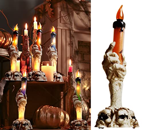 Halloween Decorations, HOUNE Lighted Skeleton Hands Hold Candle With Stakes, 15 LED Warm White Lights Waterproof Battery Operated with Timer, Light Up for Halloween Party, Indoor Outdoor Decor(5 Pack)