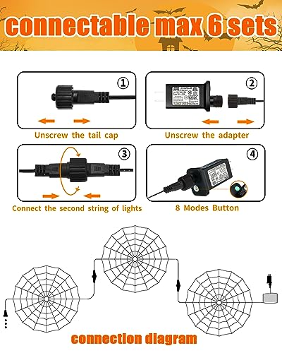 Halloween Spider Web Lights with Black Spider, 3.9FT Diameter 80 LED Orange Halloween Lights with 8 Modes, Waterproof Orange Net Lights for Party, Bedroom, Bar, Haunted House, Halloween Decorations