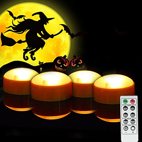 4 Pack Halloween LED pumpkin Lights with Remote and Timers Battery Operated Jack-O-Lantern Lights Bright Flickering Flameless Electric Candles for Halloween Decor Holiday Decorations Orange Color