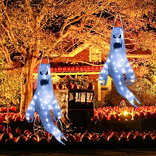 NEROSUN 2 Pieces Hanging Halloween Ghost Windsocks Decorations, 43 Inch Lighted Flag Wind Socks with 40 LED Lights for Outdoor Patio Garden Yard Tree Home Party Supplies Decor, Gifts for Kids