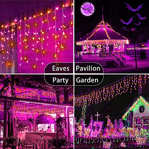 Hezbjiti Halloween Lights Decorations Outdoor Orange & Purple 400 LED 32.8 FT 8 Modes 75 Drops Fairy String Curtain Lights for Halloween Decor Eaves Window Party Yard Garden Indoor