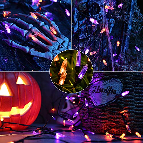 LYHOPE Orange & Purple Halloween Lights, 33ft 100 LED Halloween Decoration Lights Waterproof 8 Modes Battery Operated String Lights for Outdoor & Indoor,Tree, Wreaths, Holiday, Party Decor