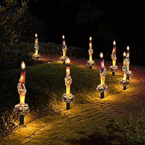 Halloween Decorations, HOUNE Lighted Skeleton Hands Hold Candle With Stakes, 15 LED Warm White Lights Waterproof Battery Operated with Timer, Light Up for Halloween Party, Indoor Outdoor Decor(5 Pack)