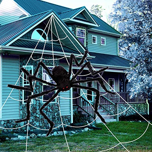 MY LIFFRI Halloween 200” Spider Web & 59” Giant Spider Decoration Huge Outdoor Spider Web with Scary Hairy Spider for Yard Porch Lawn House Party Décor