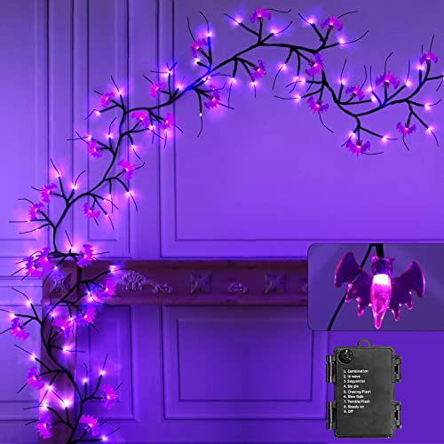 TURNMEON [Extra Long] 9 Ft 72 LED Halloween Willow Vine Twig Decor Garland with 24 Purple Bats Lights Timer 8 Modes Waterproof Battery Operated Halloween Decorations Home Wall Fireplace (Purple Bats)