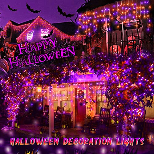 Hezbjiti Halloween Lights Decorations Outdoor Orange & Purple 400 LED 32.8 FT 8 Modes 75 Drops Fairy String Curtain Lights for Halloween Decor Eaves Window Party Yard Garden Indoor