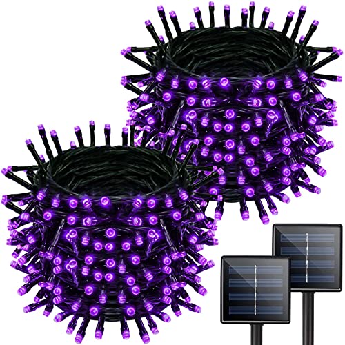 YIQU Purple Extra-Long 144FT Solar Halloween Lights Outdoor, 2-Pack Each 72FT 200 LED Solar String Lights, 8 Lighting Modes Solar Outdoor Halloween Decorations for Tree Garden Patio Party (Purple)