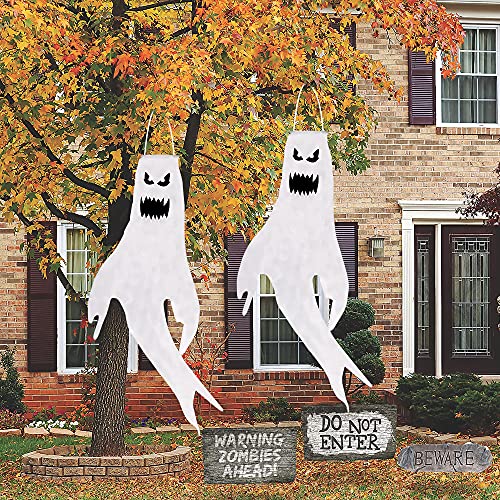 NEROSUN 2 Pieces Hanging Halloween Ghost Windsocks Decorations, 43 Inch Lighted Flag Wind Socks with 40 LED Lights for Outdoor Patio Garden Yard Tree Home Party Supplies Decor, Gifts for Kids