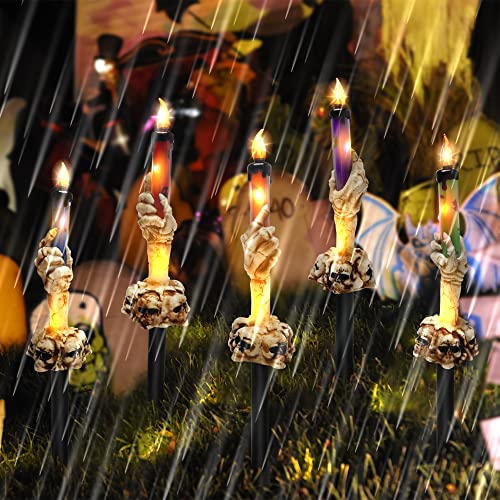 Halloween Decorations, HOUNE Lighted Skeleton Hands Hold Candle With Stakes, 15 LED Warm White Lights Waterproof Battery Operated with Timer, Light Up for Halloween Party, Indoor Outdoor Decor(5 Pack)