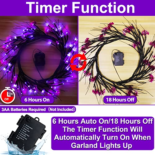 TURNMEON [Extra Long] 9 Ft 72 LED Halloween Willow Vine Twig Decor Garland with 24 Purple Bats Lights Timer 8 Modes Waterproof Battery Operated Halloween Decorations Home Wall Fireplace (Purple Bats)