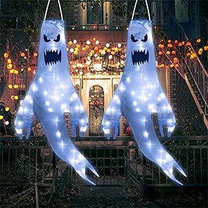 NEROSUN 2 Pieces Hanging Halloween Ghost Windsocks Decorations, 43 Inch Lighted Flag Wind Socks with 40 LED Lights for Outdoor Patio Garden Yard Tree Home Party Supplies Decor, Gifts for Kids