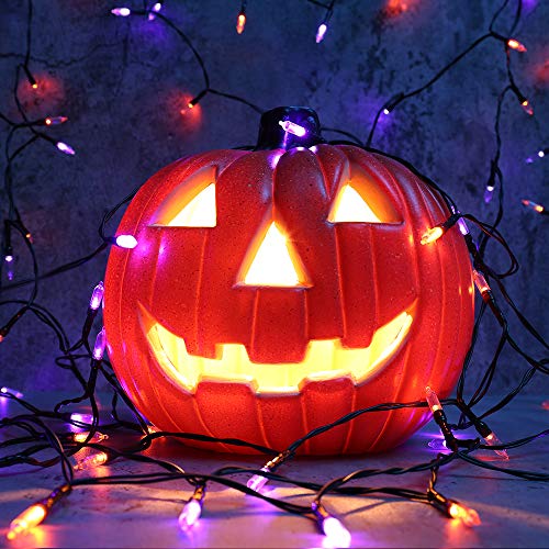 LYHOPE Orange & Purple Halloween Lights, 33ft 100 LED Halloween Decoration Lights Waterproof 8 Modes Battery Operated String Lights for Outdoor & Indoor,Tree, Wreaths, Holiday, Party Decor